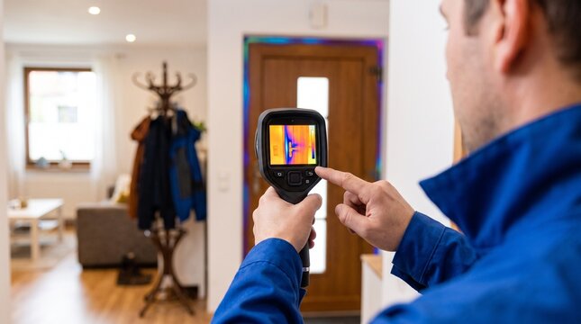 Professional inspector using an infrared thermal imaging camera to detect heat leaks and energy inefficiencies around a residential door frame, optimizing home insulation