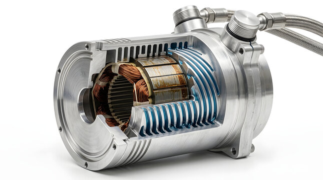 Electric motor with exposed rotor, copper windings and blue cooling channels for EV thermal management and high efficiency powertrain technology