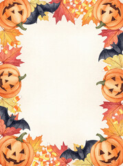 Fototapeta premium Vertical Halloween border of pumpkins bats candy corn and maple leaves