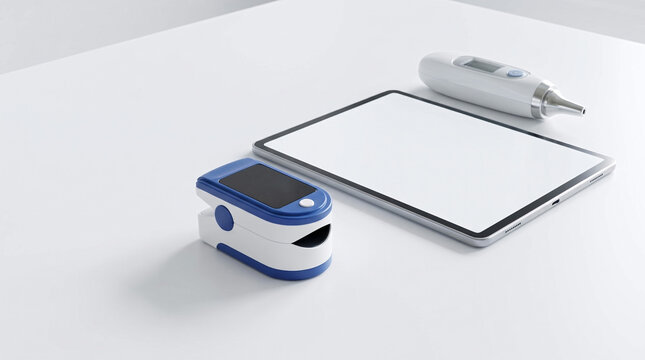 Medical equipment on white surface with digital thermometer tablet and pulse oximeter