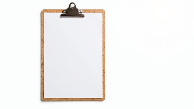 Cork clipboard with a blank white sheet of paper on a clean background, offering space for text or design