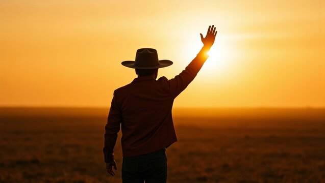 Lone man in a cowboy hat standing with arm raised, silhouetted against a golden sky during a vibrant sunset over vast plains