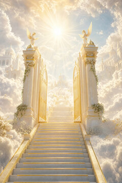 Marble steps to golden gates with angel statues and flowers
