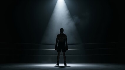 Obraz premium Male boxer in silhouette standing centered in a spotlight, showing determination and readiness for a fight