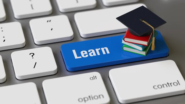 Books and cap on the keyboard of a latop, 3d rendering,conceptual image. online education and learning concepts.