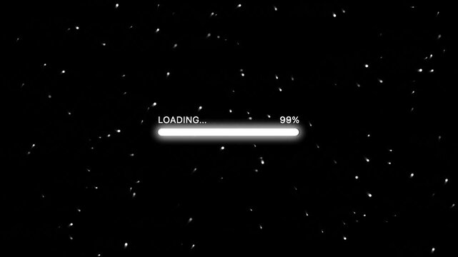 White Neon Loading Bar Animation with Warp Speed Particles, Futuristic Progress Percentage Counter on Black Background, Sci-Fi Starfield Motion Graphics