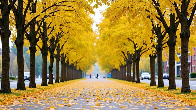 Golden autumn tree lined avenue creating a path through a vibrant city street with yellow leaves