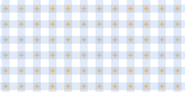 Light Blue Gingham Seamless Pattern Plaid Fabric with Yellow Stars Vector Background