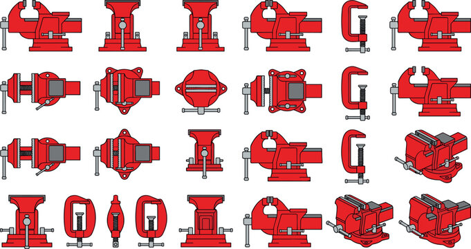 Bench Vises Typology and Heavy Duty Cast Iron Engineering Clamps Vector Set