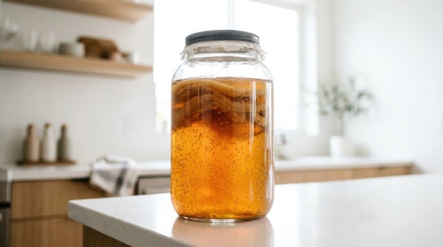Large glass jar with fermented tea and SCOBY on a modern kitchen counter.