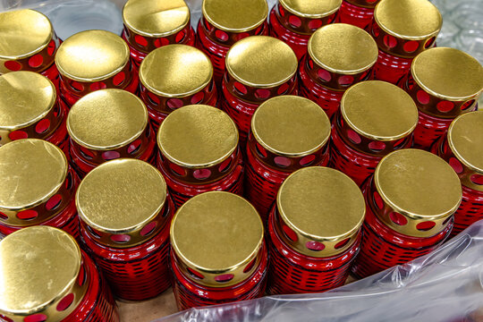Memorial candles for All Saints Day sold in a Polish store