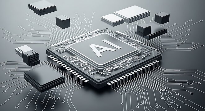A central processor chip with the letters ai engraved on a complex circuit board with surrounded integrated circuits