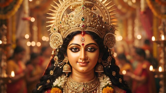 A stunning portrait of goddess durga during durga puja showcasing her divine beauty and cultural significance in vibrant detail