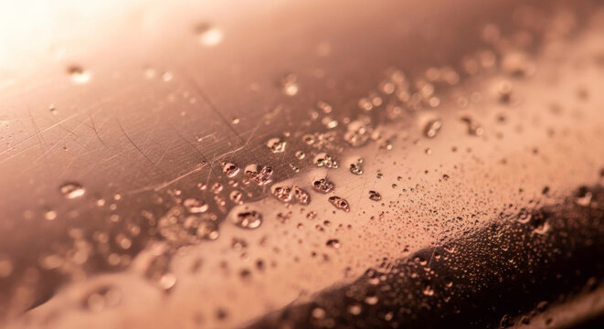 Water droplets glistening on a sleek metallic copper surface during a gentle rain shower