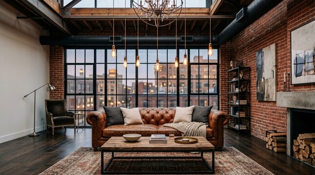 Luxury loft living room with brick walls, large windows, and leather sofa