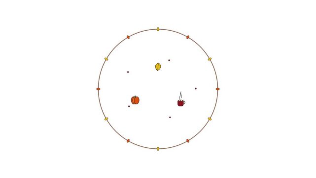 Minimalist autumn animation with falling leaves, pumpkin, and hot drink in circular frame