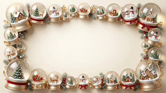 Festive border of vintage christmas snow globes creating a seasonal frame