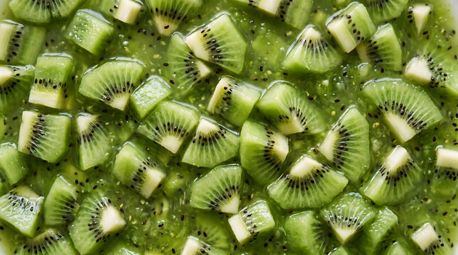 Fresh diced green kiwi fruit chunks submerged in natural kiwi juice, closeup top view texture of sweet kiwi cubes in fruit puree background