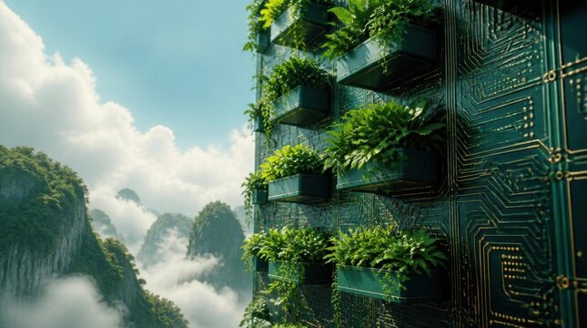 Futuristic building with vertical garden on a circuit board pattern facade, lush green plants and clouds in the sky, concept of smart city and green technology