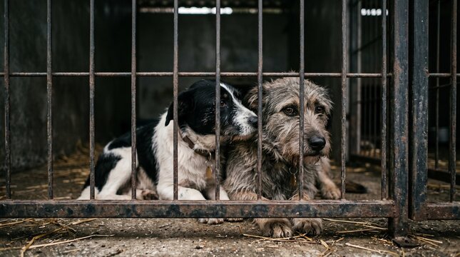 Two sad dogs in a metal cage at an animal shelter