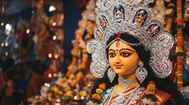 A captivating close up of goddess durga's face during the vibrant and joyous durga puja festival celebrations in india