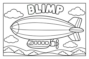 Blimp coloring page for children featuring a large airship flying above clouds in black lines © Hokyubi