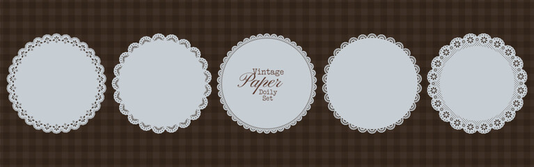 Naklejka na ściany i meble Cottagecore round lace doily set with scalloped crochet edging and floral mesh motifs. Vintage whimsy lace napkin paper frames for cottagecore card, scrapbook pages, labels, stationery, invitations.