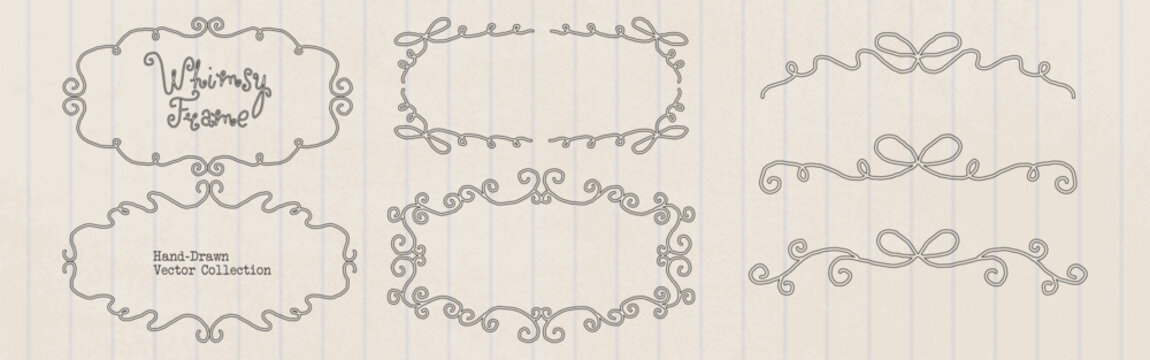 Whimsical doodle borders with hand drawn curls, bows, ribbon lines and ornate rectangular frames. Naive vector frame set for wedding or birthday invitations, christmas cards, labels, menus, scrapbooks