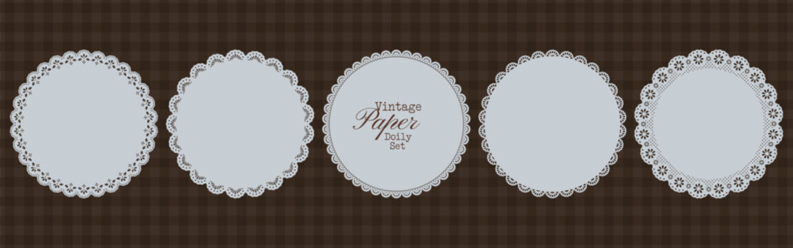 Cottagecore round lace doily set with scalloped crochet edging and floral mesh motifs. Vintage whimsy lace napkin paper frames for cottagecore card, scrapbook pages, labels, stationery, invitations.