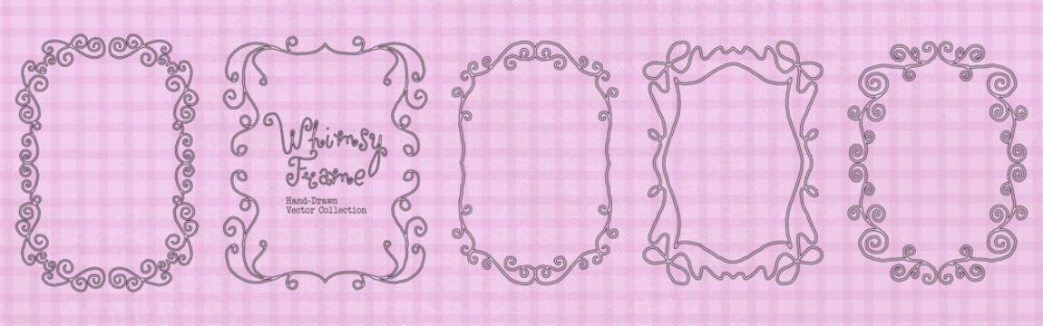 Whimsy curly frame set with vintage hand drawn borders, decorative scrolls and elegant rectangular forms. Whimsical naive vector set for wedding invitations, menus, birthday cards, scrapbook, photos.