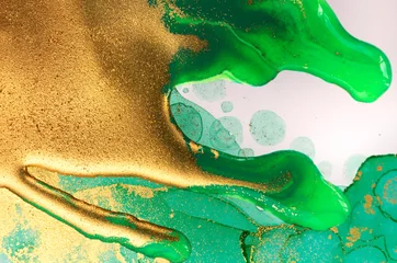 Abstract Original Hand Drawn Green Artwork Liquid Inks Illustration with Gold Glitter and Text Space. © Anna Babii