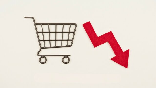 Shopping cart icon beside a downward red arrow representing declining sales and reduced consumer spending 