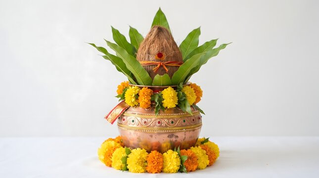 A beautifully arranged durga puja display featuring fruits flowers and a traditional earthen pot symbolizing abundance and blessings