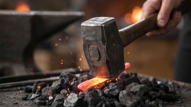 Blacksmith striking a glowing hot iron bar with a heavy steel hammer on a bed of dark charcoal, sparks flying in a traditional forge workshop