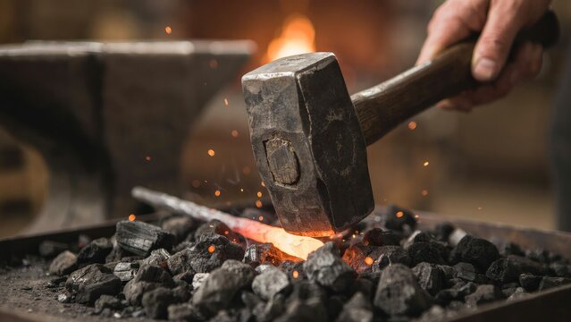 Blacksmith striking a glowing hot metal rod with a heavy steel hammer, sparks flying over a bed of dark charcoal in a workshop forge