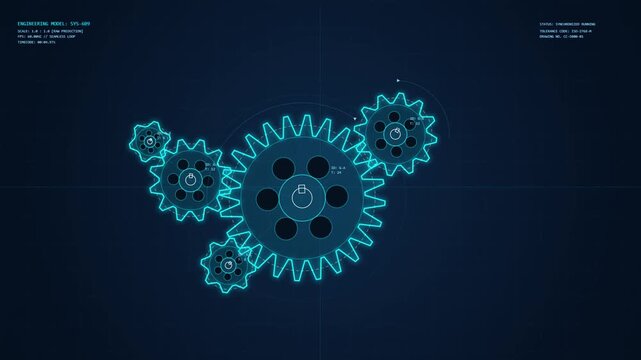 Rotating mechanical gear system hud interface, digital engineering blueprint animation, industrial tech background