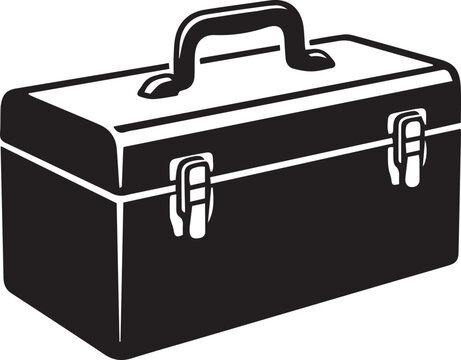 Black metal toolbox hardware storage vector icon, representing tool storage, repair equipment, workshop organization, and maintenance supplies