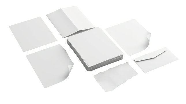 Stationery mockup set with blank paper sheets and envelope isolated on transparent background
