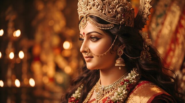 A captivating portrait of goddess durga during durga puja showcasing her divine beauty and the vibrant spirit of the festival