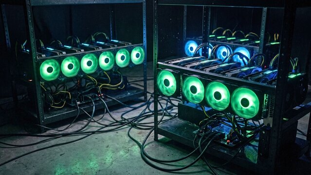 Rows of glowing cryptocurrency mining rigs with cooling fans representing blockchain technology and digital currency mining