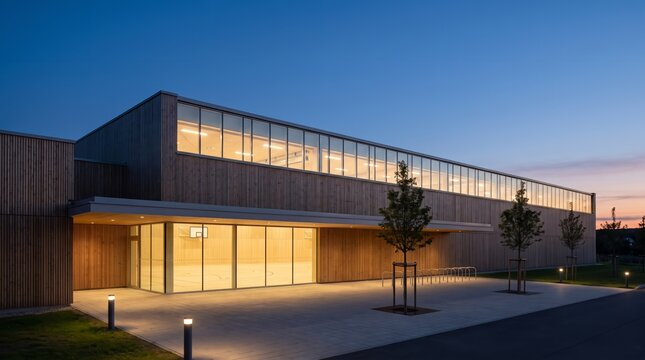 Modern sports hall at dusk with illuminated court behind glass