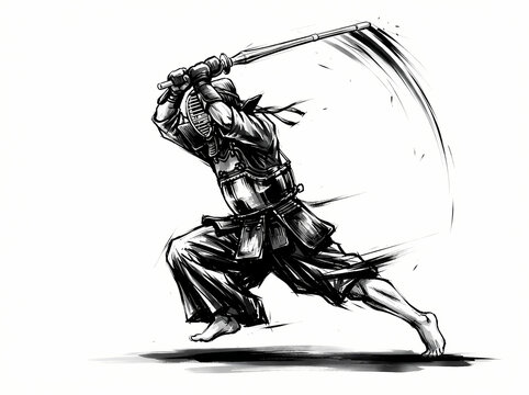 Dynamic ink illustration of a kendo practitioner performing a powerful overhead sword strike.