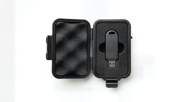 Black usb flash drive inside an open protective storage case with memory stick