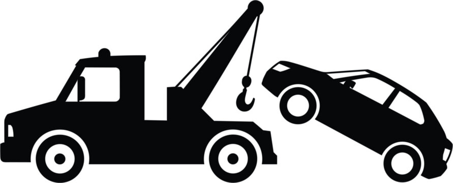 Black tow truck towing damaged car after roadside vehicle accident isolated vector illustration icon