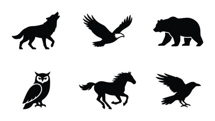 Obraz premium Wild Animal Silhouettes Collection: Wolf, Eagle, Bear, Owl, Horse, Raven Icons for Nature and Wildlife Design