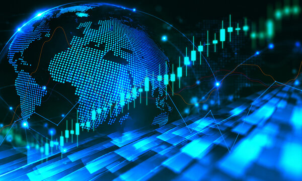 Futuristic financial background with a glowing digital globe and rising candlestick charts symbolizing global economic expansion and market growth.