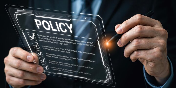 Businessman holding a transparent digital tablet displaying a policy document with checkboxes and text, interacting with a glowing stylus pen