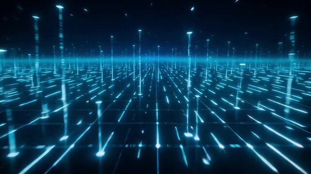 Digital cyberspace grid motion background featuring glowing blue pillars moving through a vast virtual reality environment