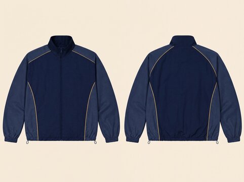 Front and back view of a dark blue athletic windbreaker track jacket mockup
