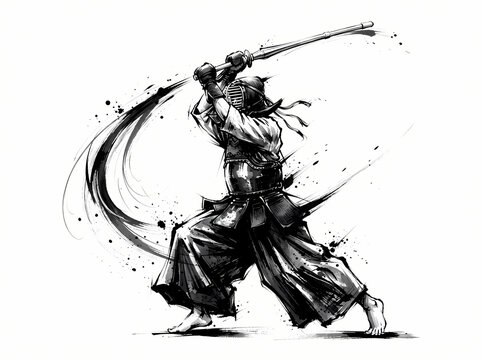 Dynamic ink wash illustration of a kendo practitioner performing a powerful overhead sword strike.